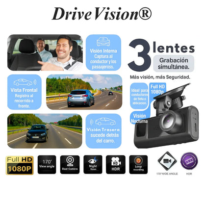 Cámara para Auto HD 3 en 1 - Grabación Adelante, Atrás e Interior