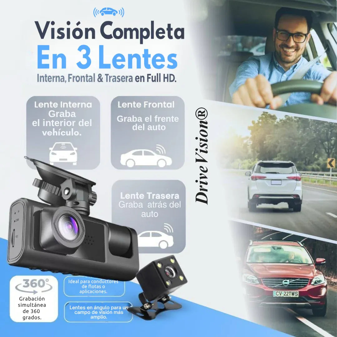 Cámara para Auto HD 3 en 1 - Grabación Adelante, Atrás e Interior