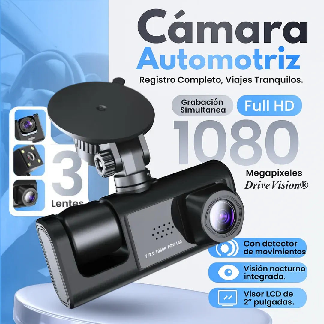 Cámara para Auto HD 3 en 1 - Grabación Adelante, Atrás e Interior